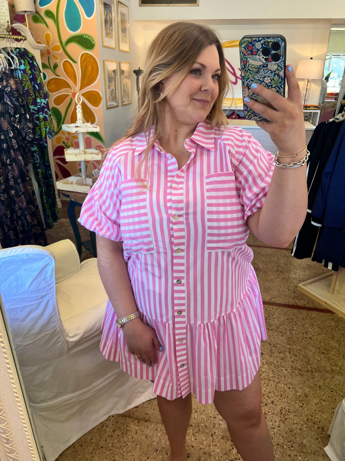 Stripe Button Down Mini Dress-Pink