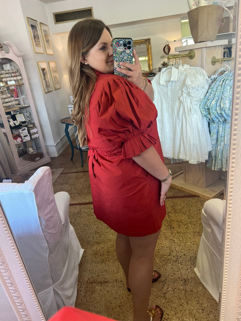 Cherry Red Poplin Pleated Sleeve Shirt Dress