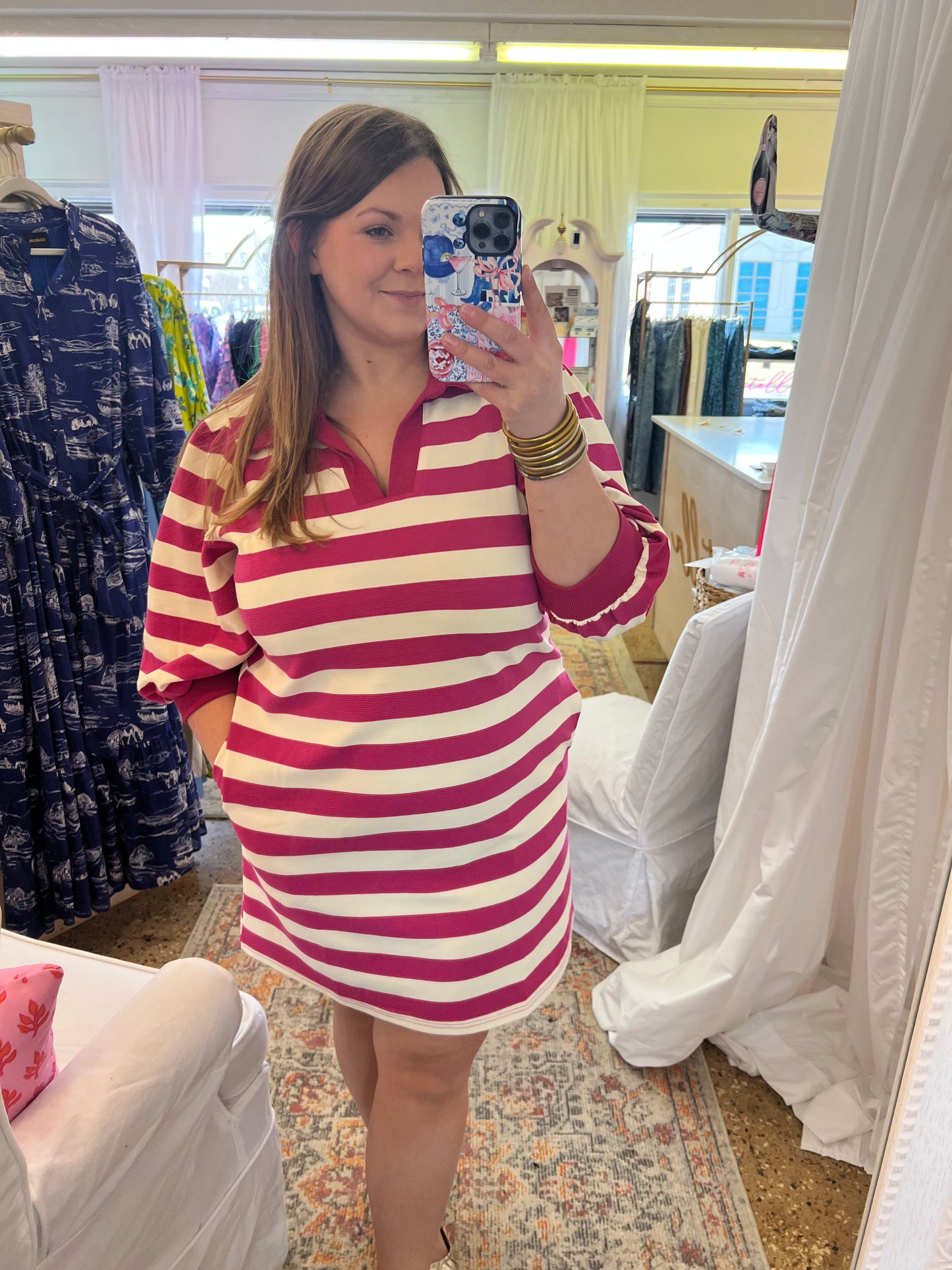 Hot Pink Striped Collared Dress