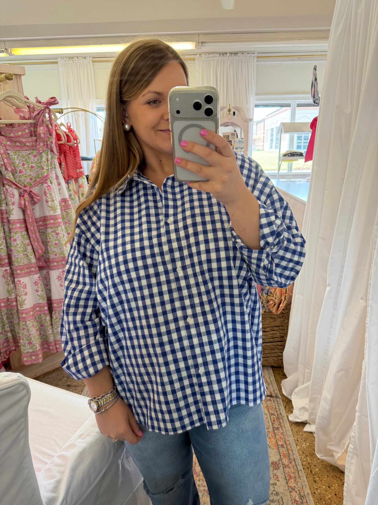 Linen Blend Gingham Button Up