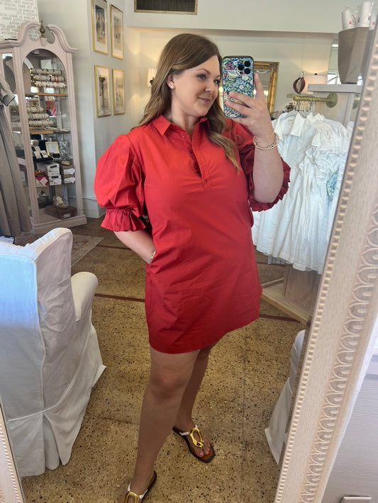 Cherry Red Poplin Pleated Sleeve Shirt Dress