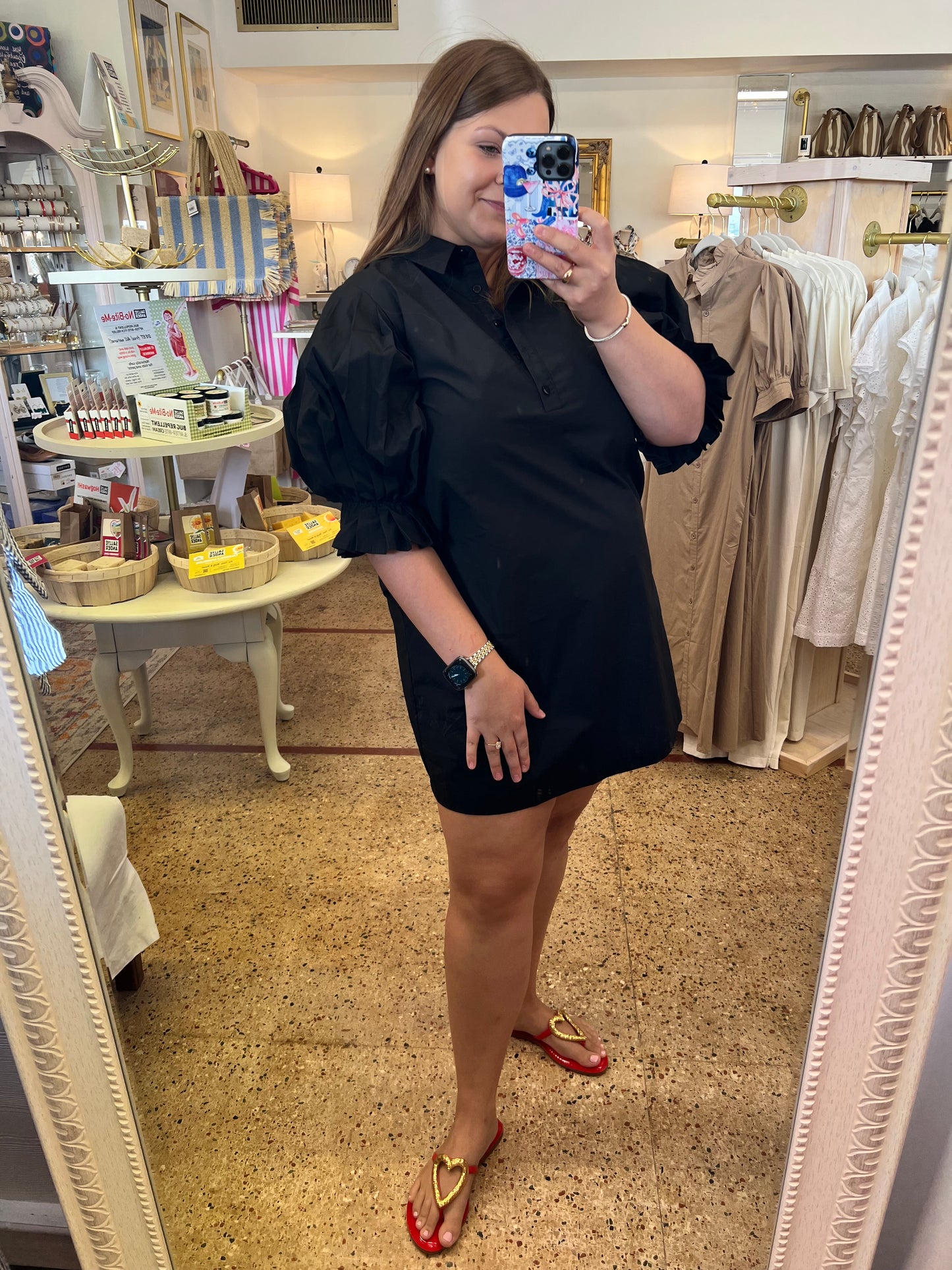 Black Poplin Pleated Sleeve Shirt Dress
