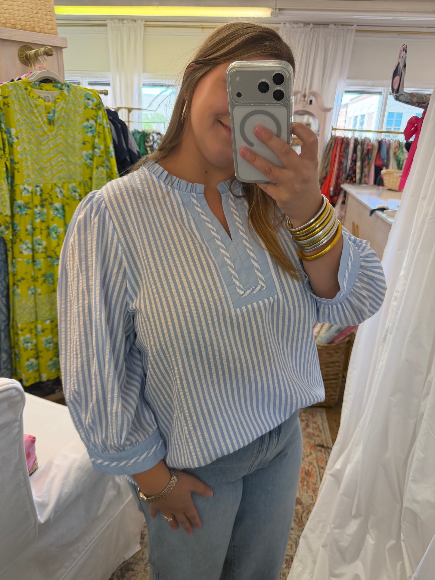 Seersucker Ruffle Neck Blouse