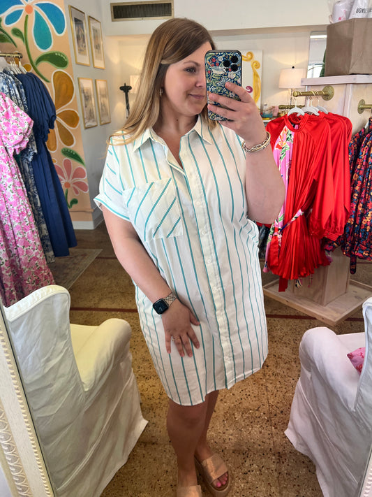 Green Stripe Mini Shirt Dress