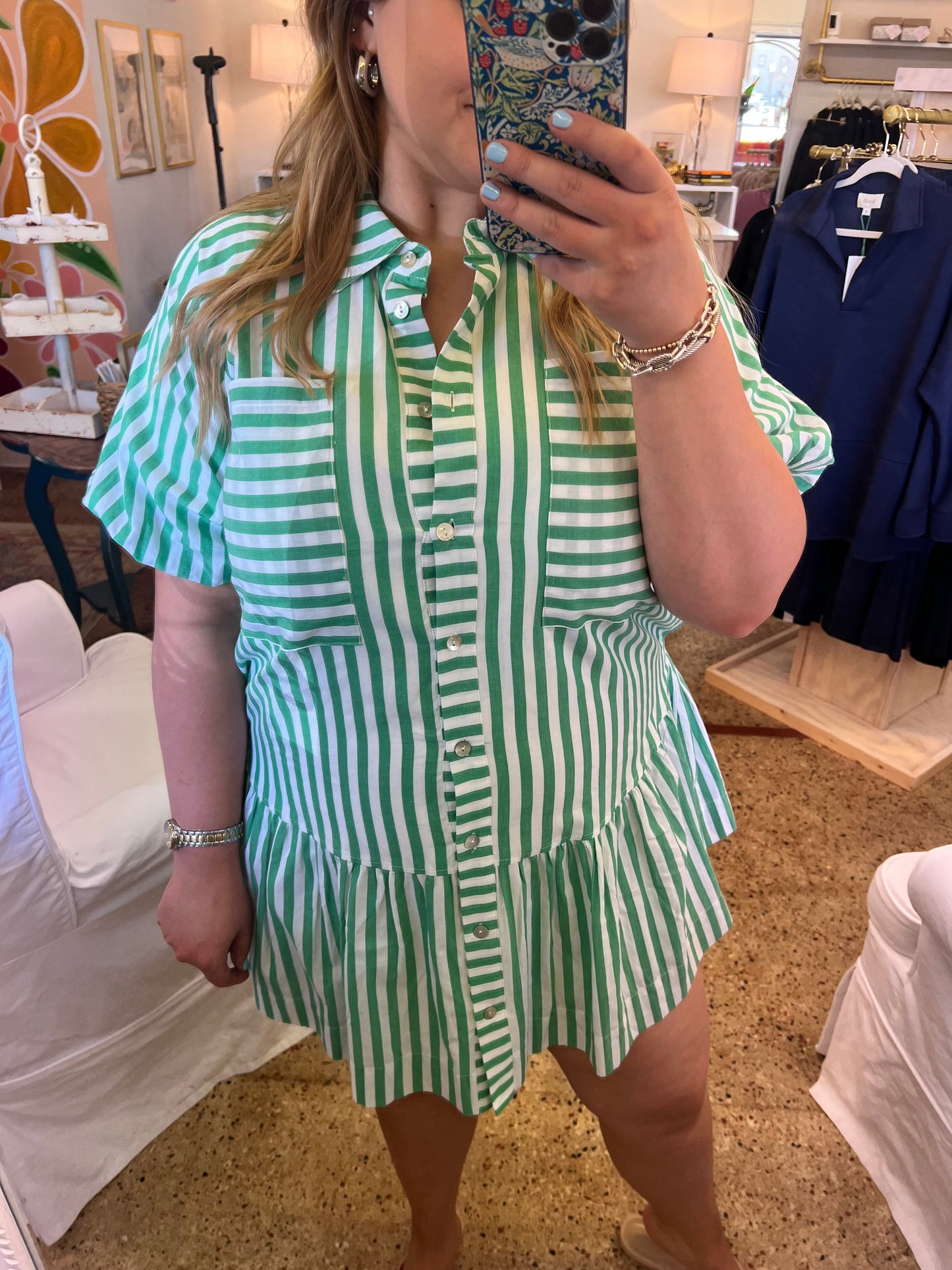 Stripe Button Down Mini Dress-Green