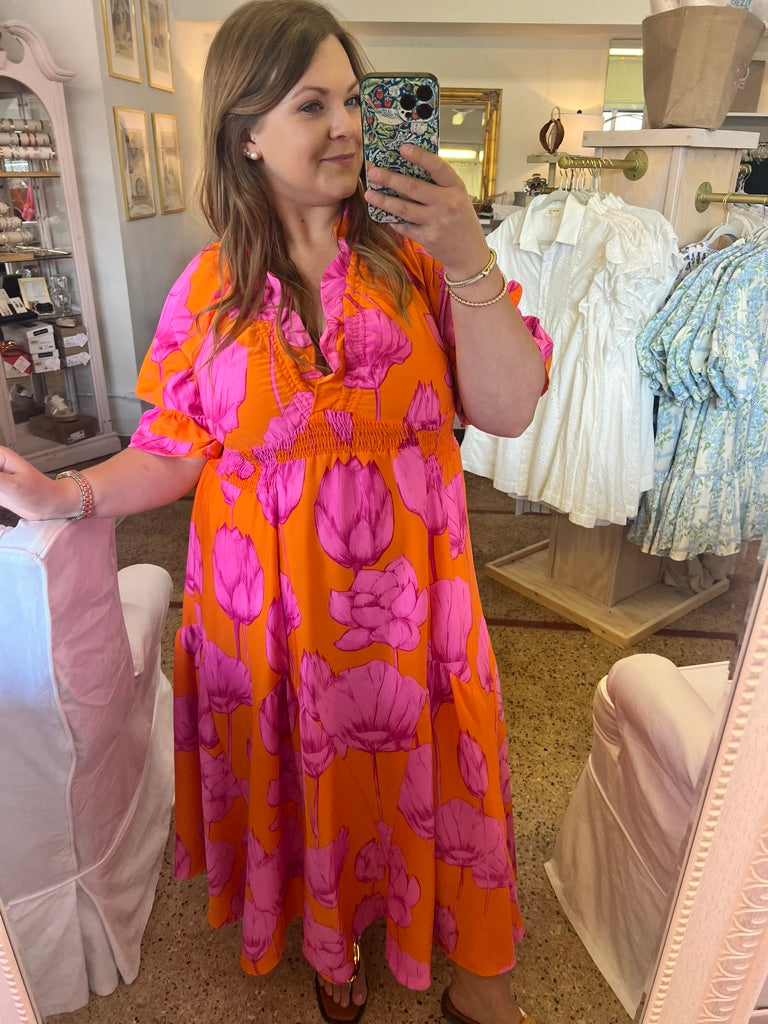 M-Pink & Orange Ruffle Maxi Dress