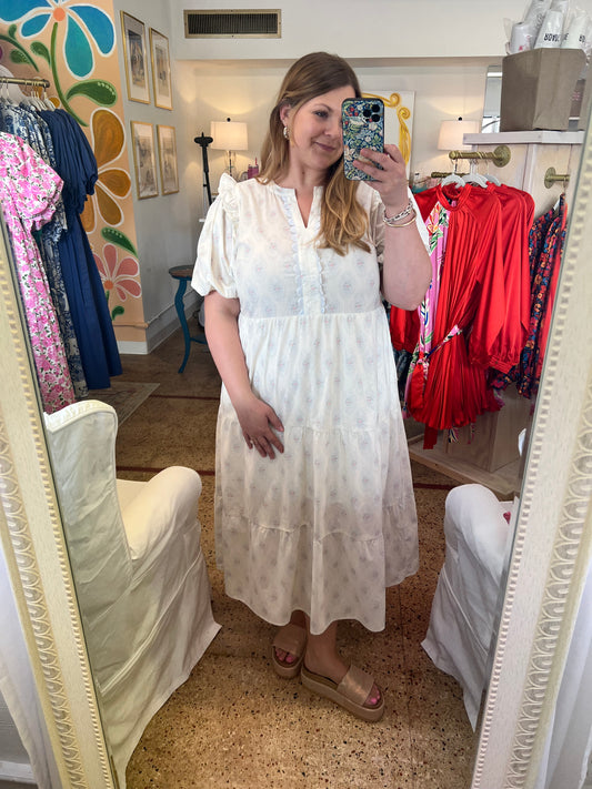 French Floral Scallop Trim Midi Dress