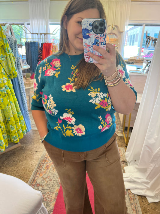 Floral Short Sleeve Knit Sweater