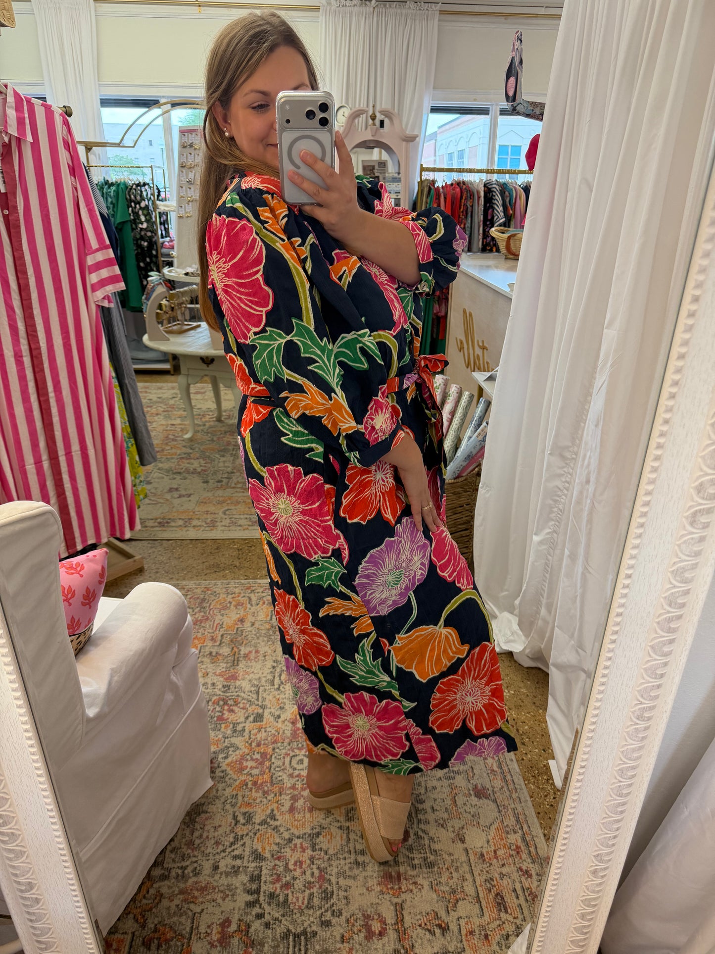 Navy Floral Button Midi Dress