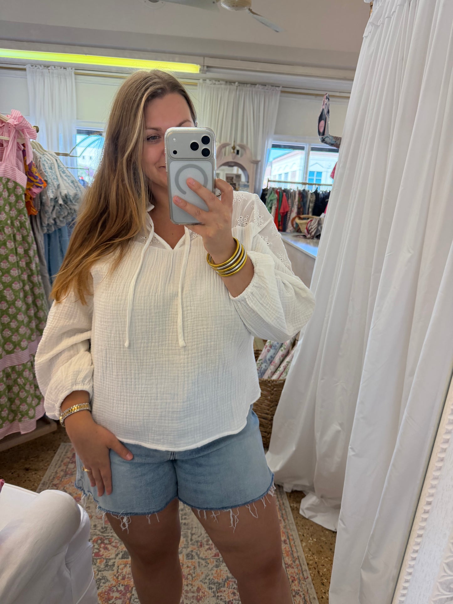 Eyelet Contrast Gauze Blouse
