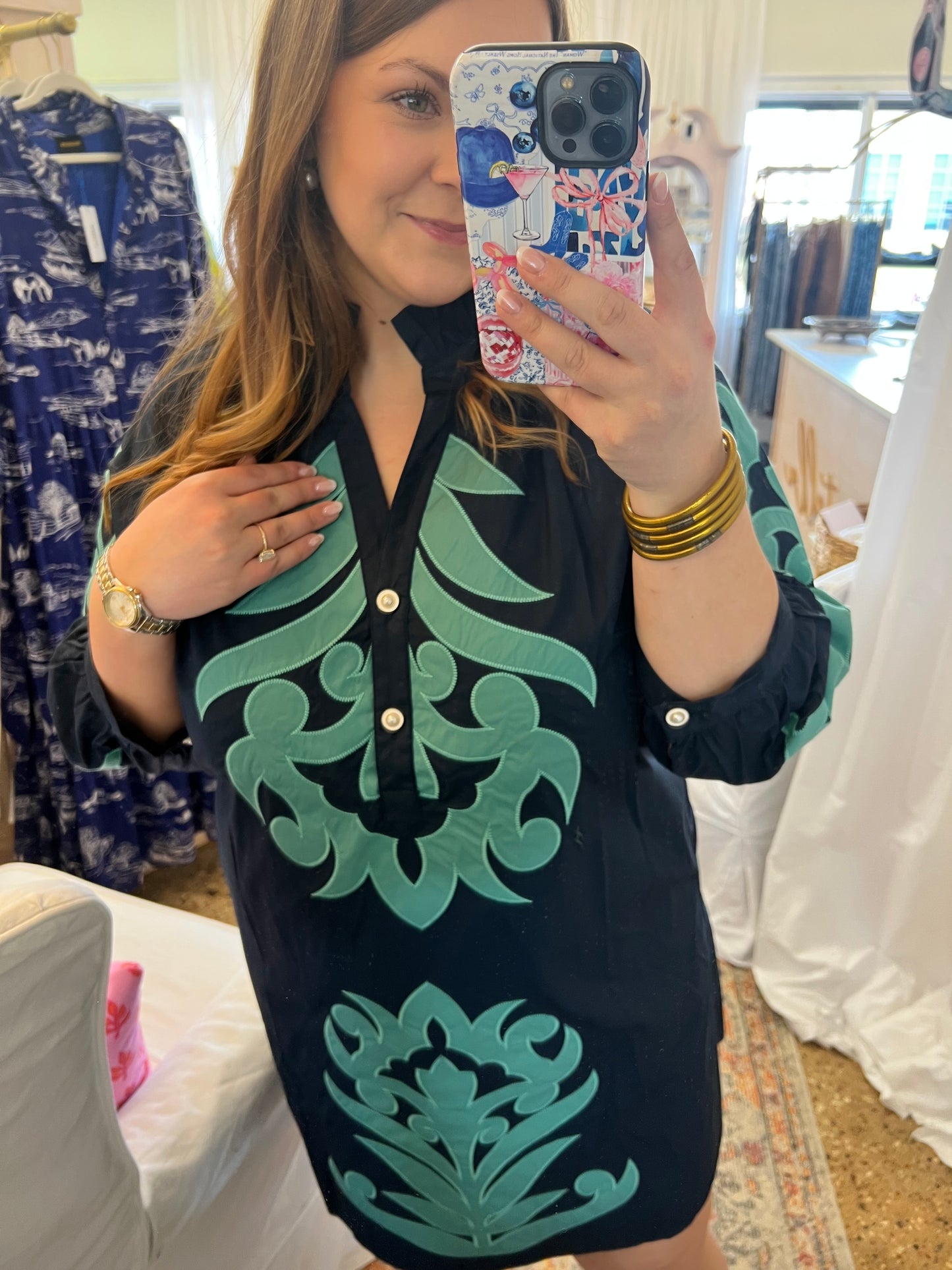 Baroque Floral Applique Dress-Navy