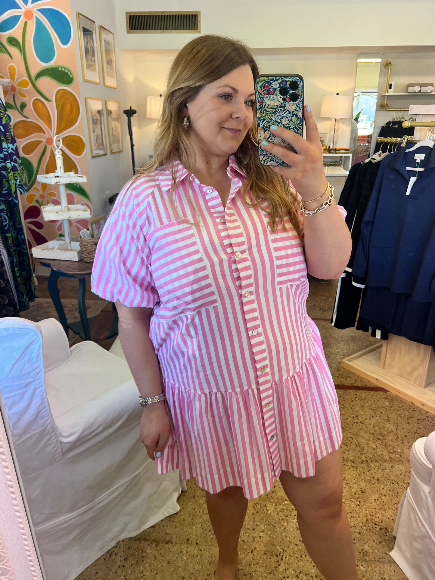 Stripe Button Down Mini Dress-Pink
