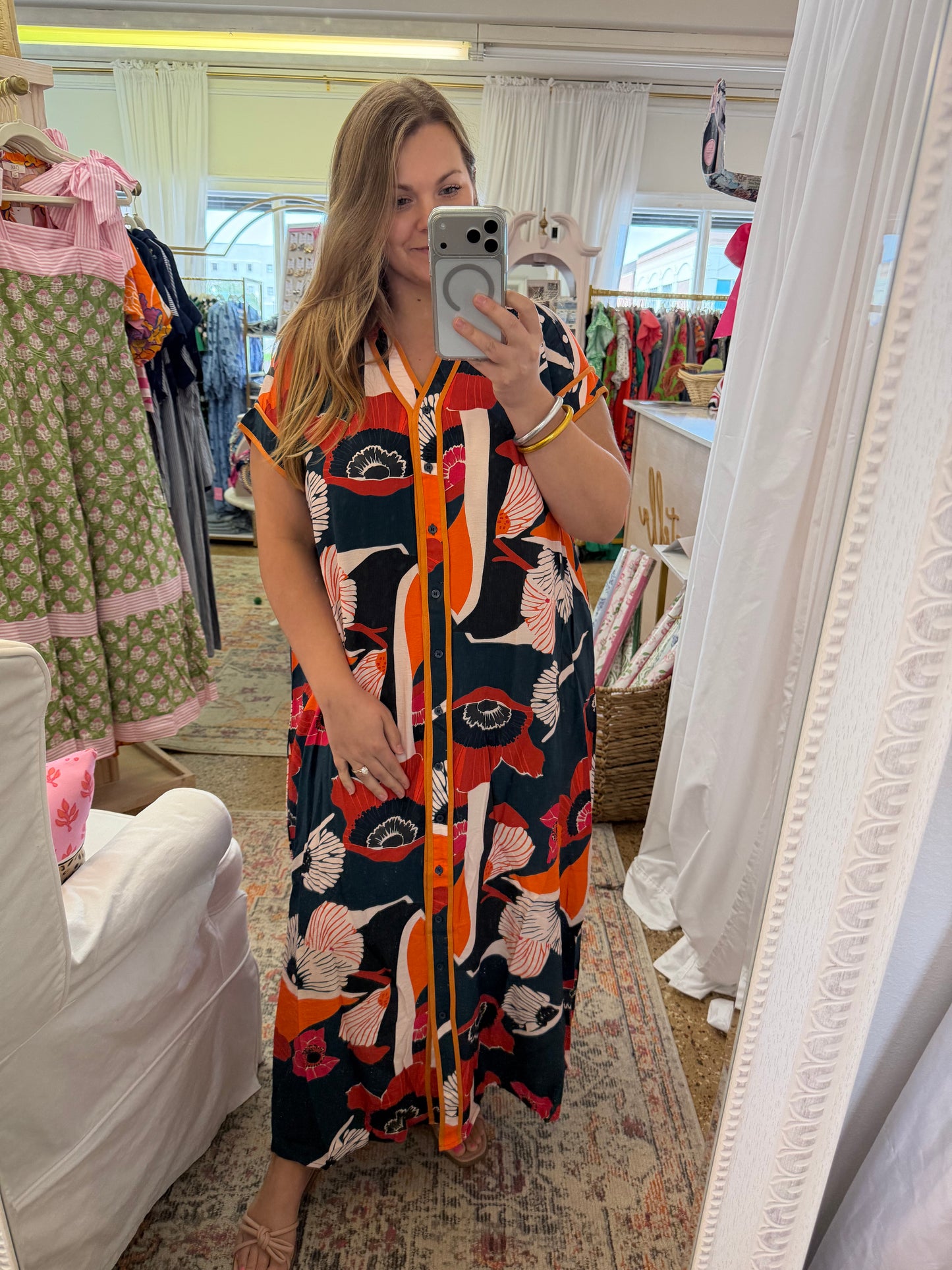 Button Down Geo Floral Midi Dress