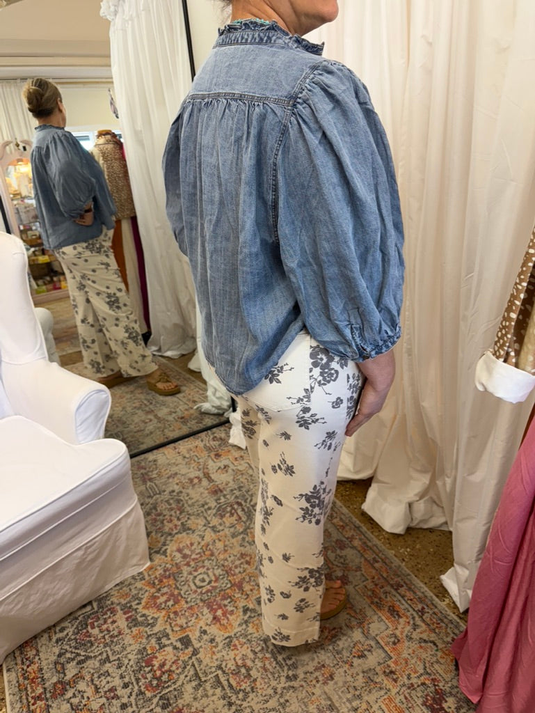 Ruffle Neck Chambray Blouse