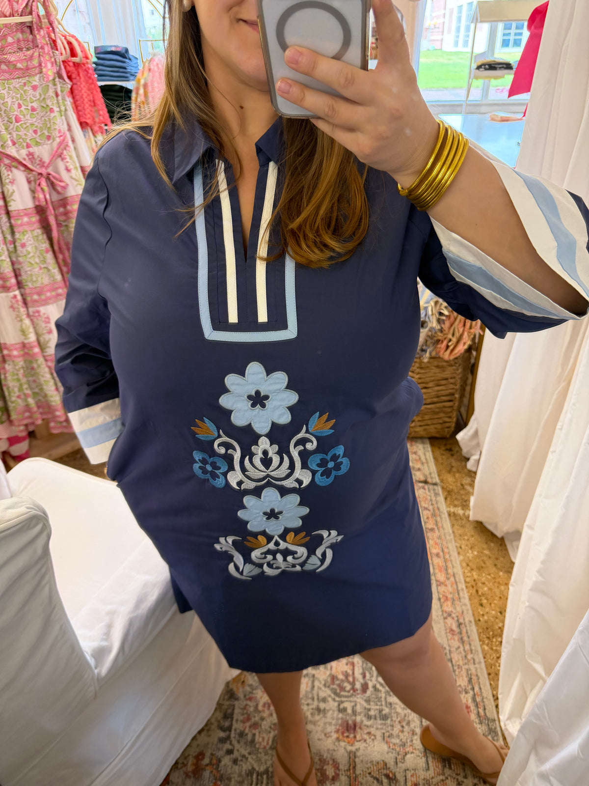 Navy Collared Embroidered Dress