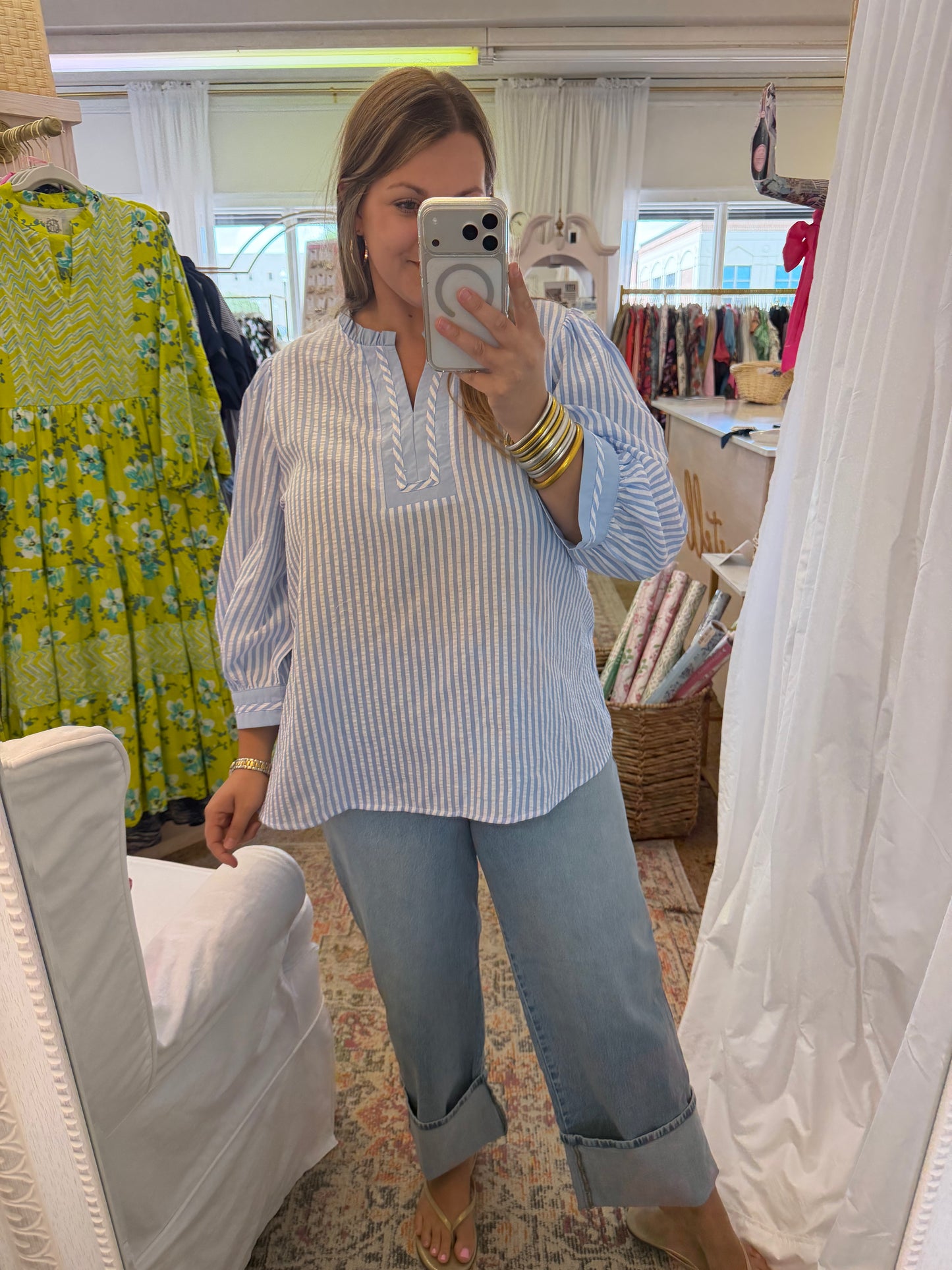Seersucker Ruffle Neck Blouse