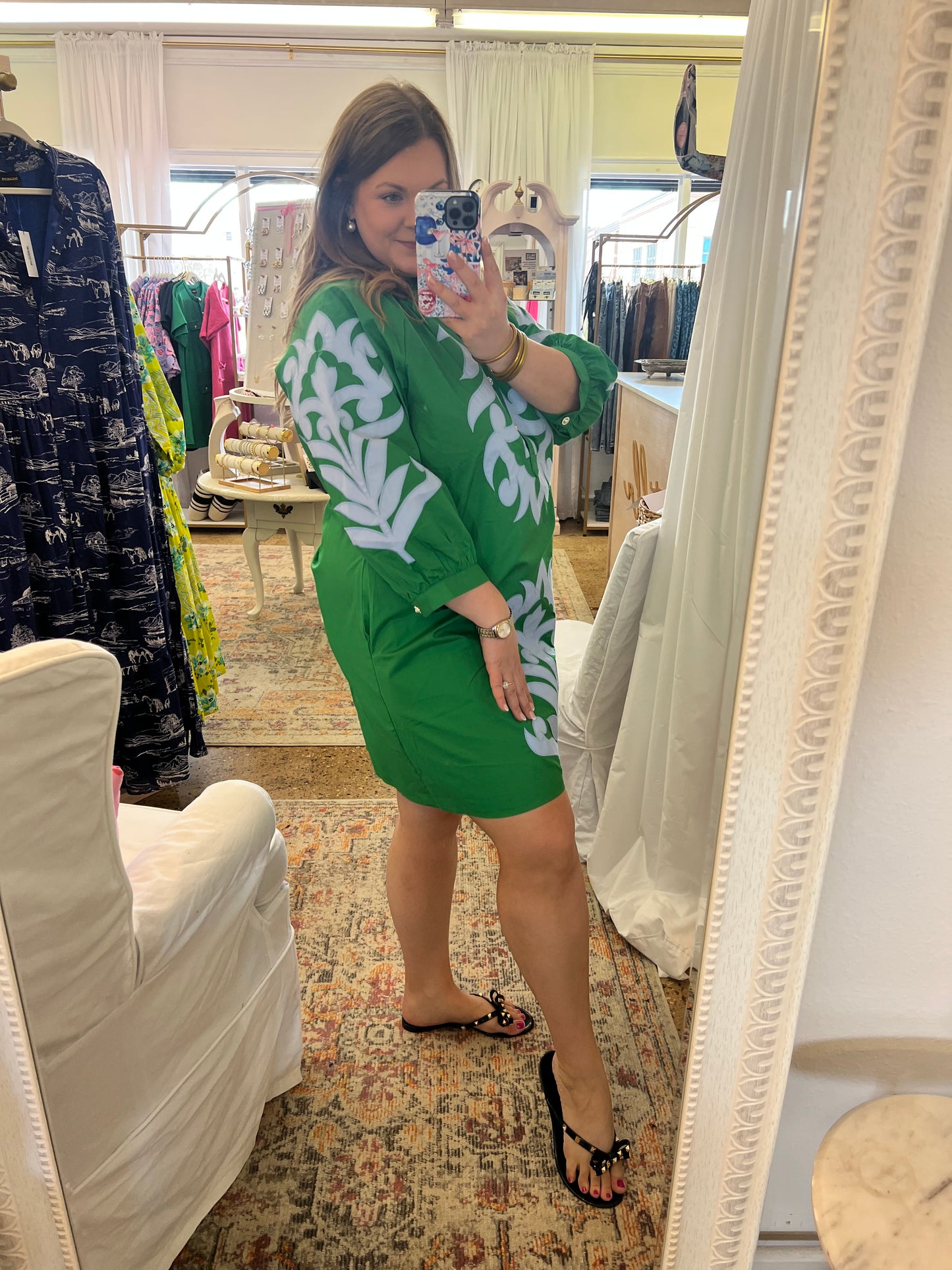 Baroque Floral Applique Dress-Kelly Green