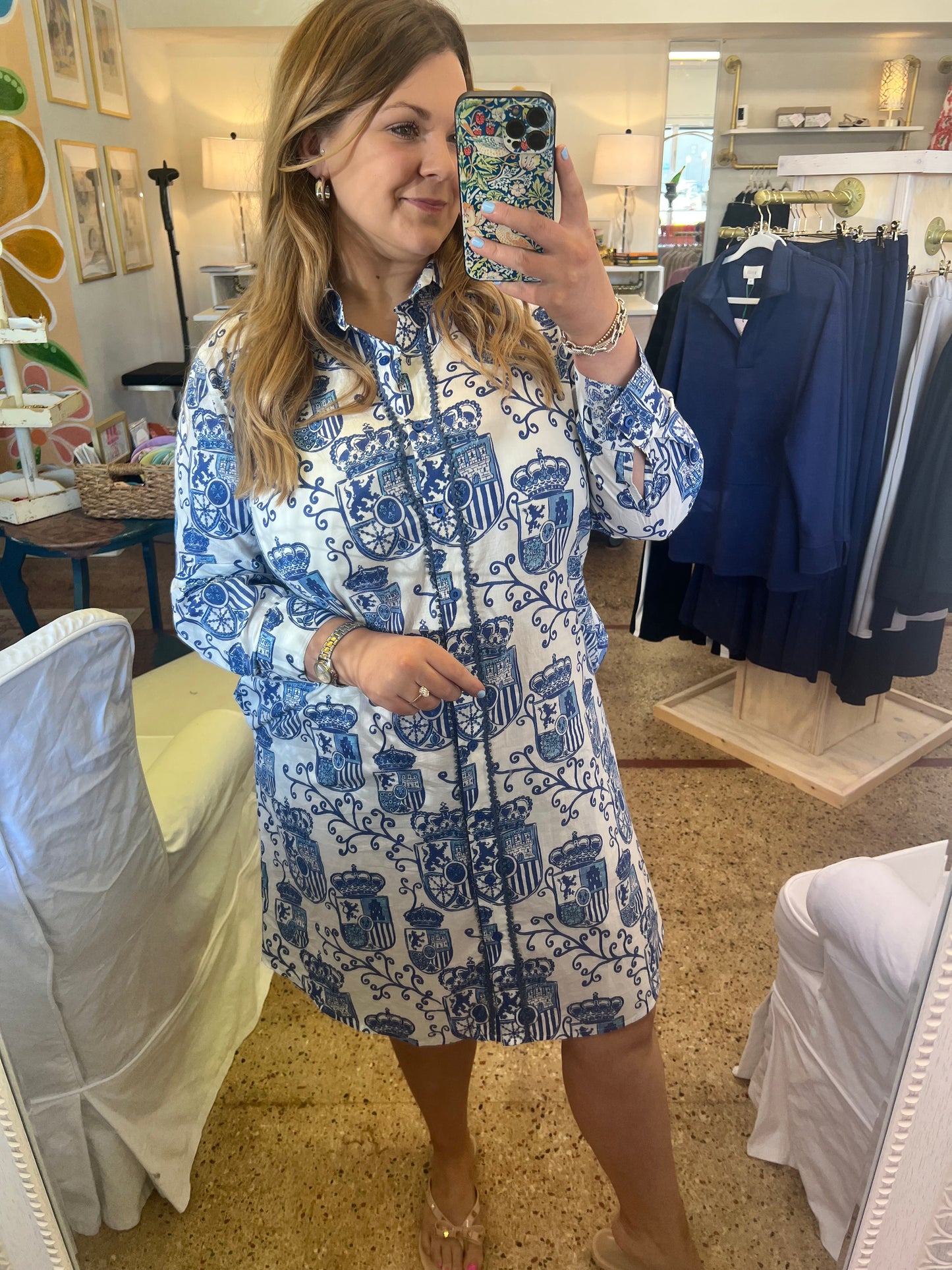 Blue White Crest Button down dress