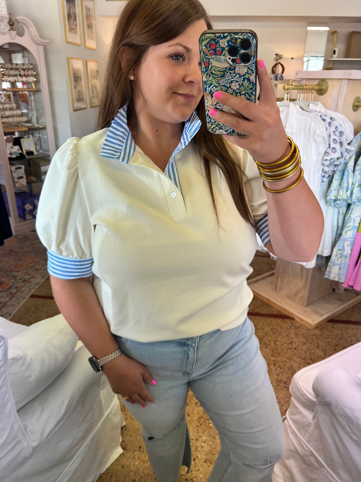 Cream & Stripe Polo Top