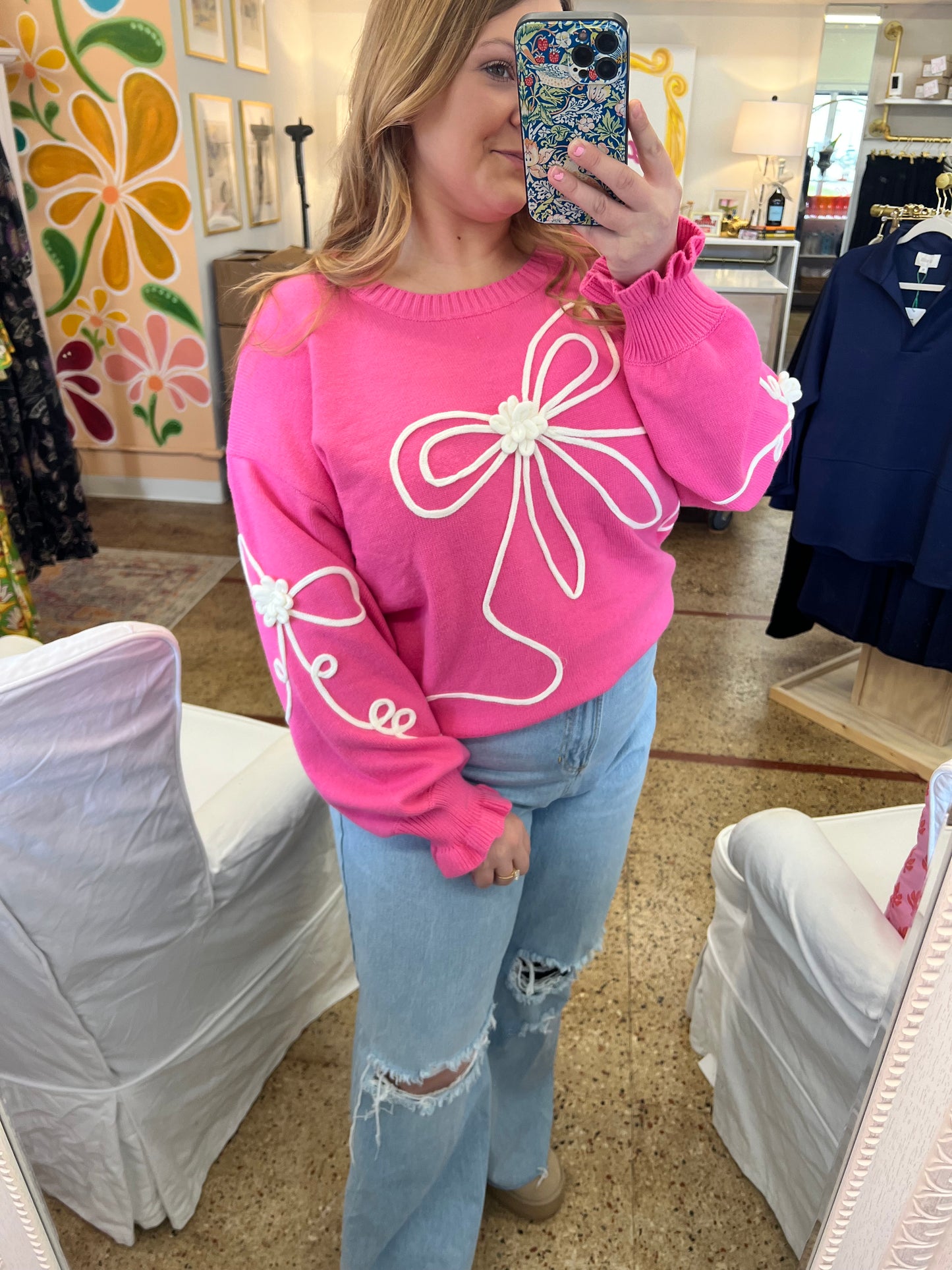 Hot Pink Corded Bow Sweater