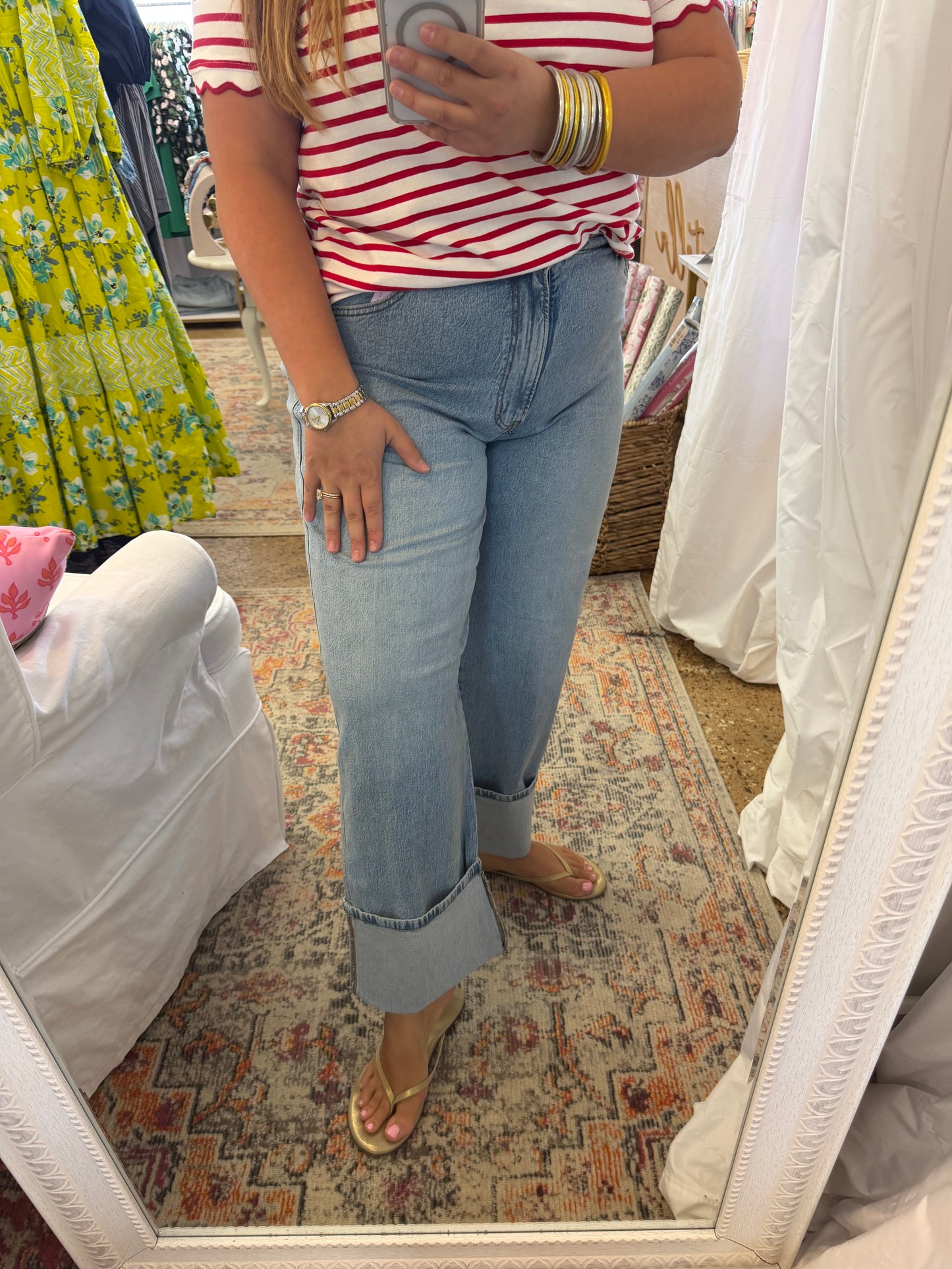 High rise cuffed wide leg denim pants