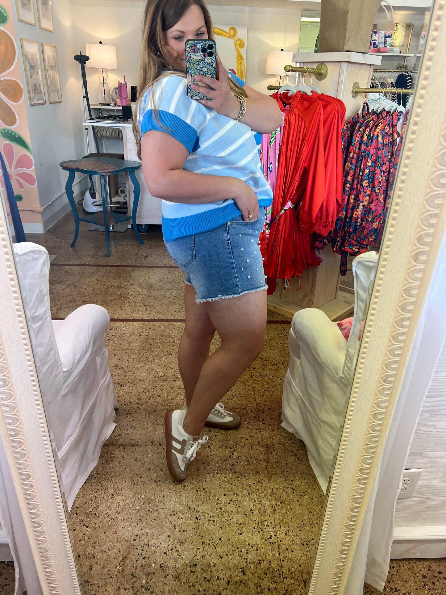 Pearl Beaded Denim Shorts