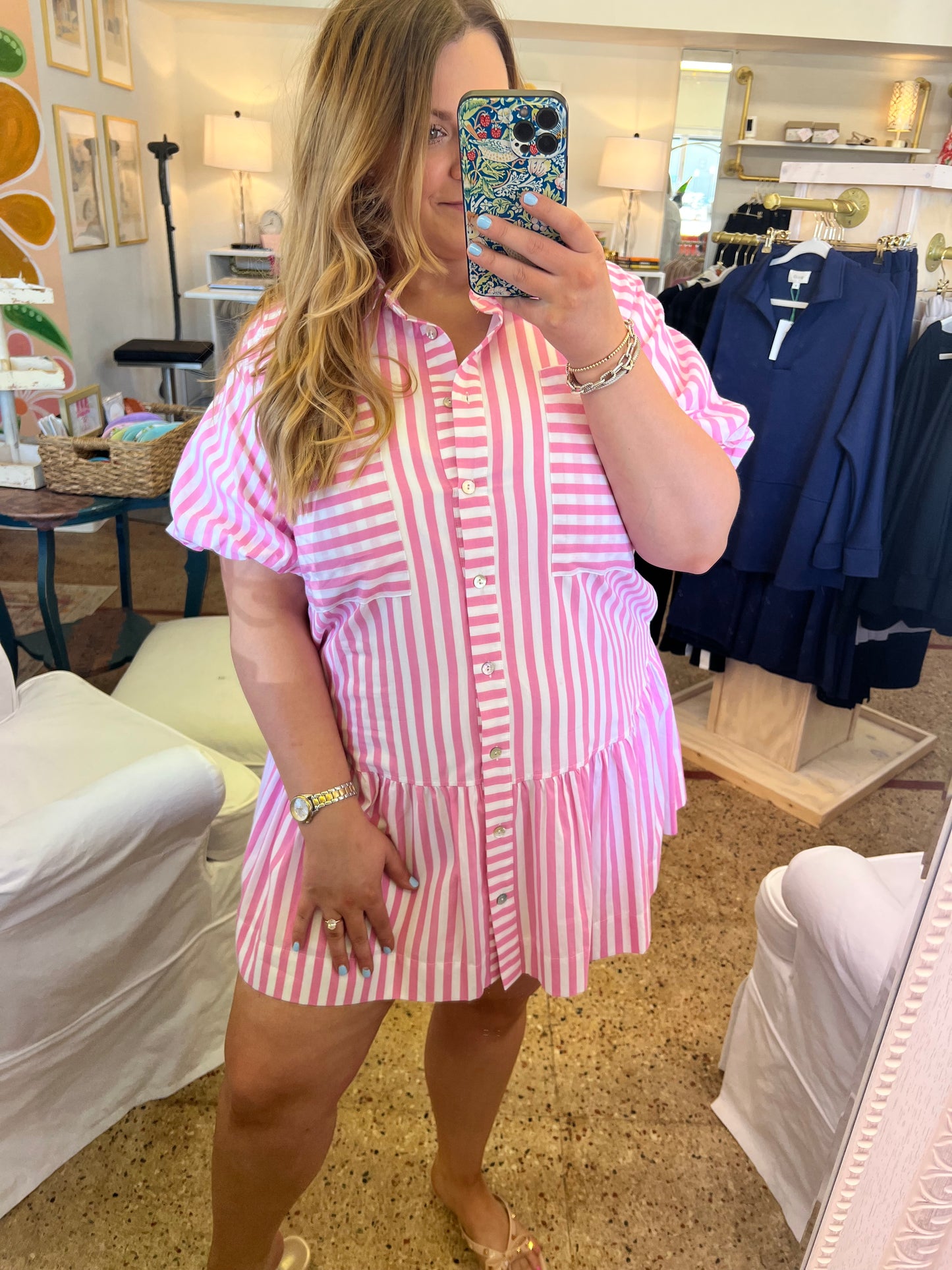 Stripe Button Down Mini Dress-Pink