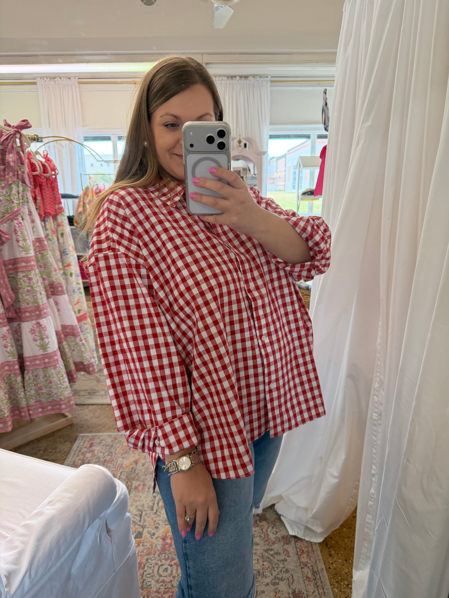 Linen Blend Gingham Button Up-Red