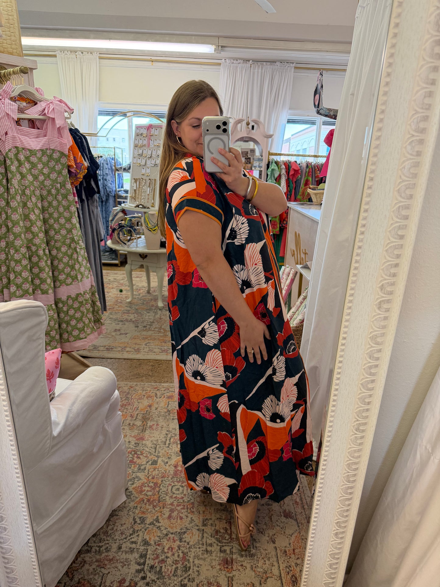 Button Down Geo Floral Midi Dress