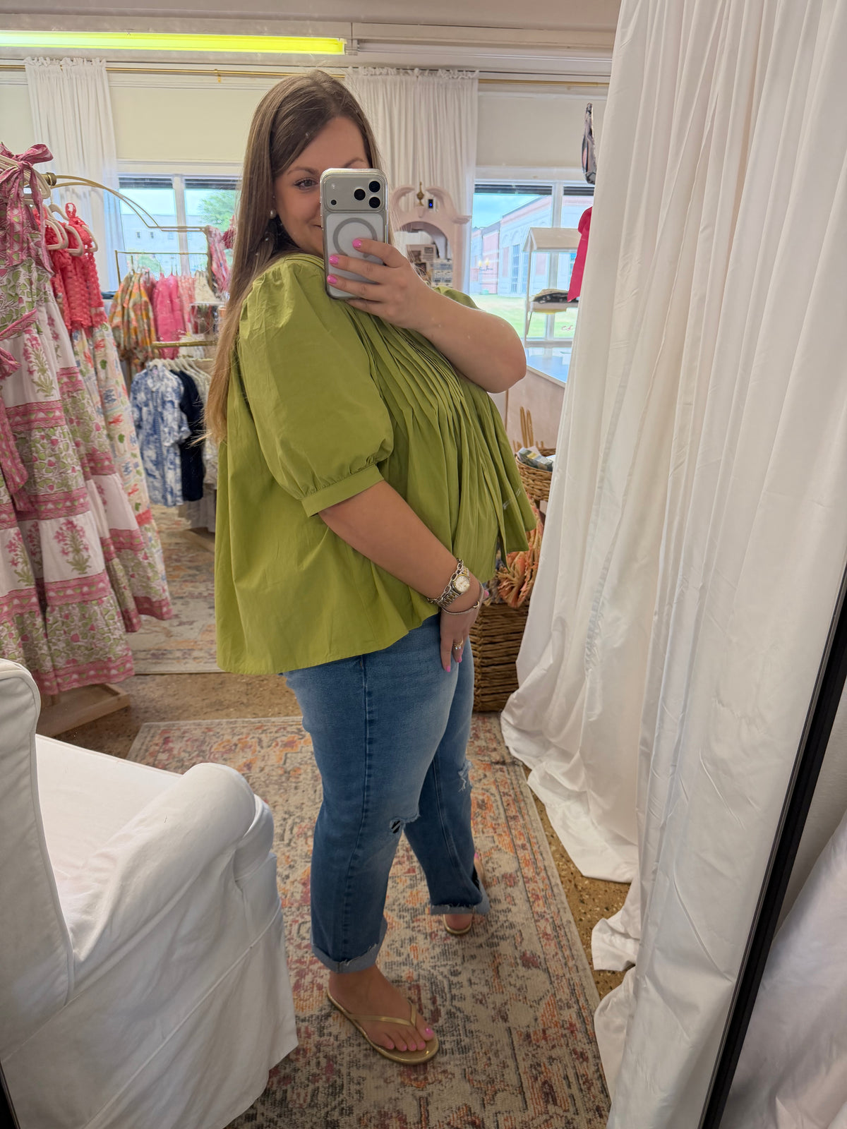 Cotton Pin-Tuck Olive Blouse