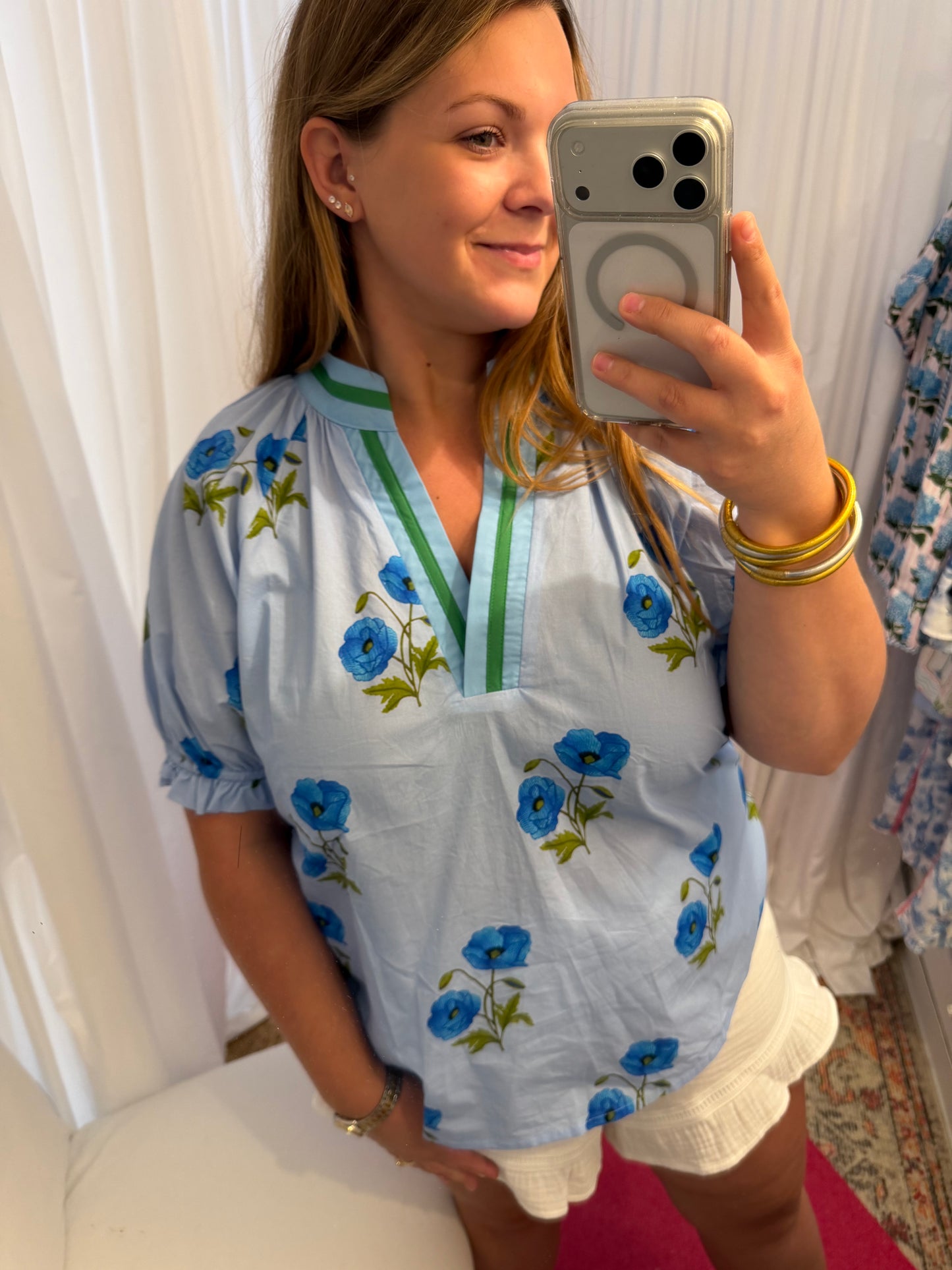 Blue Floral Puff Sleeve Blouse