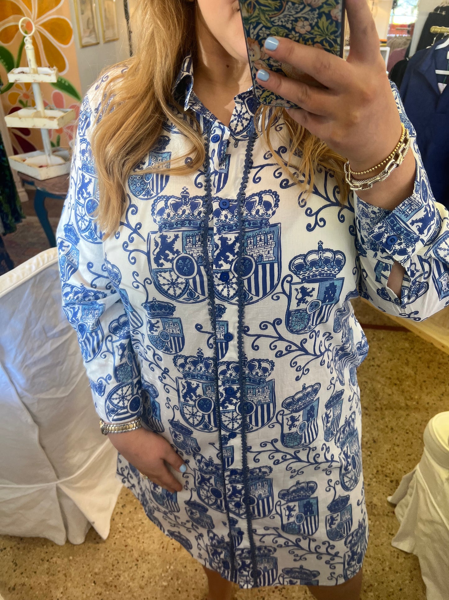 Blue White Crest Button down dress