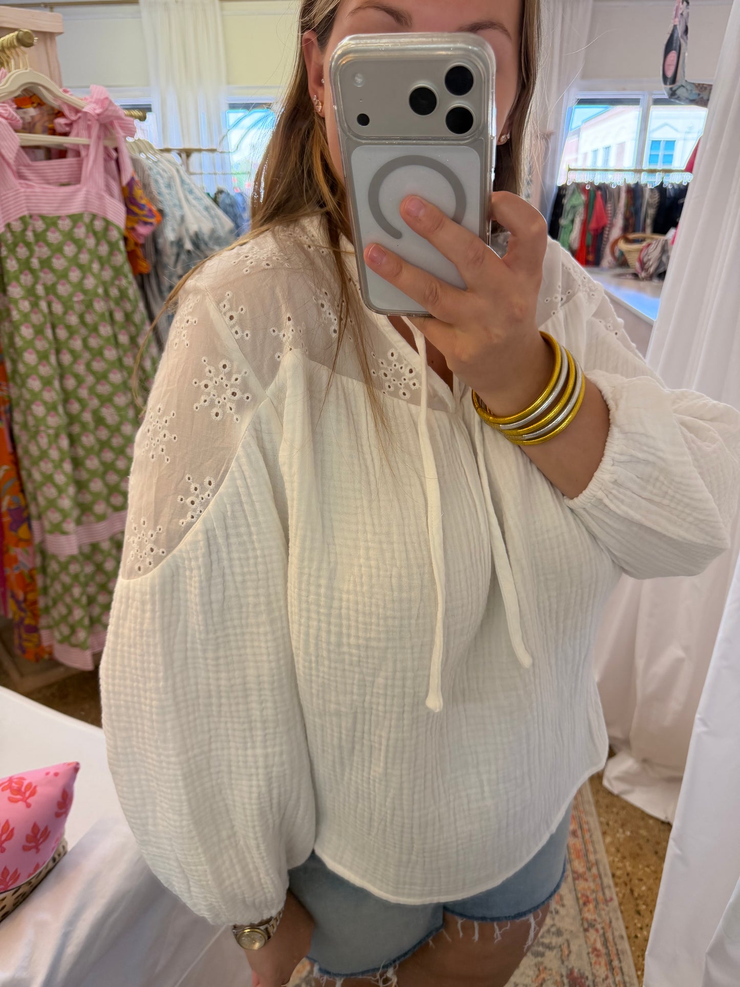 Eyelet Contrast Gauze Blouse