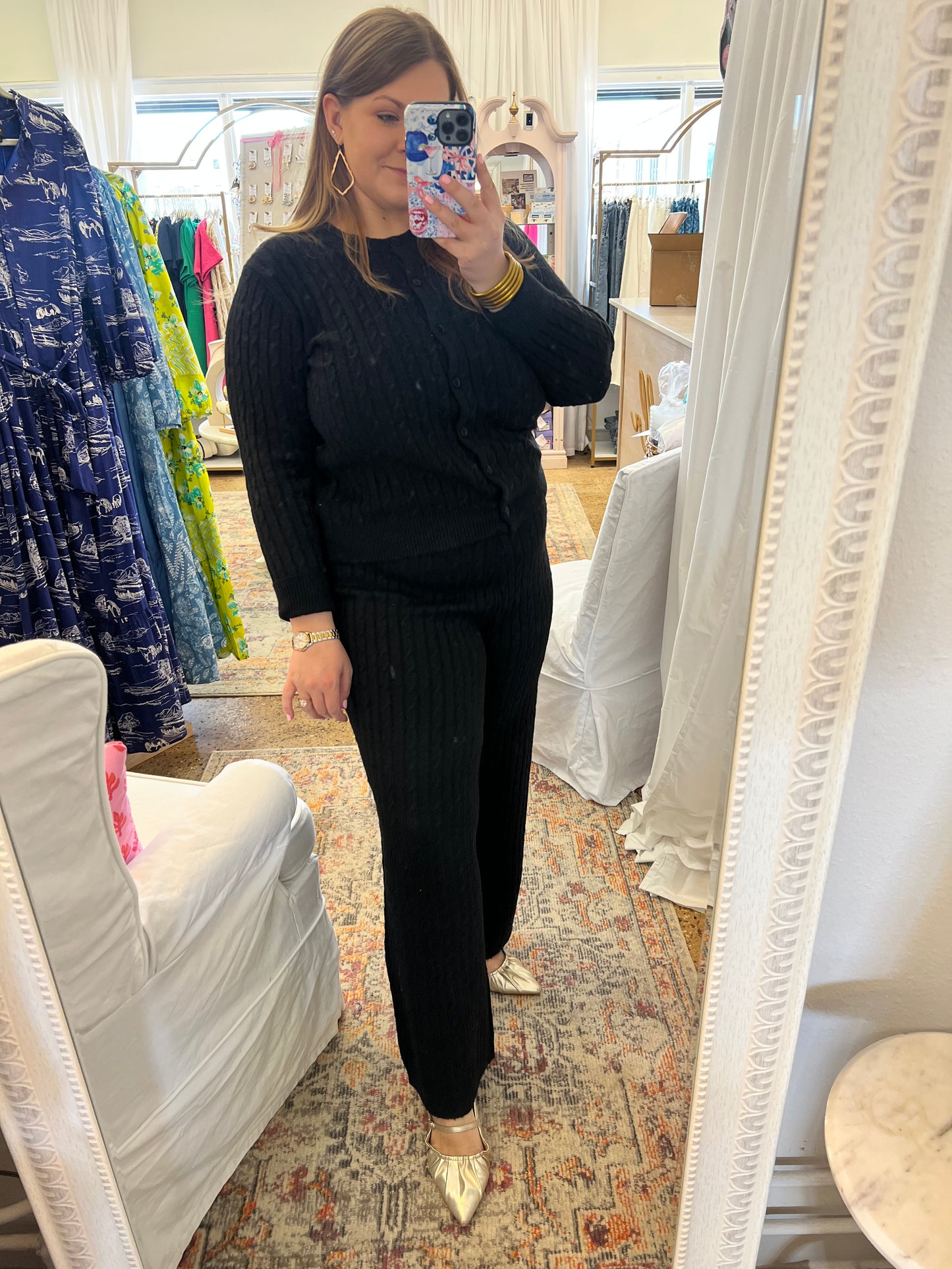 Black Cable Knit Cardigan Pant Set