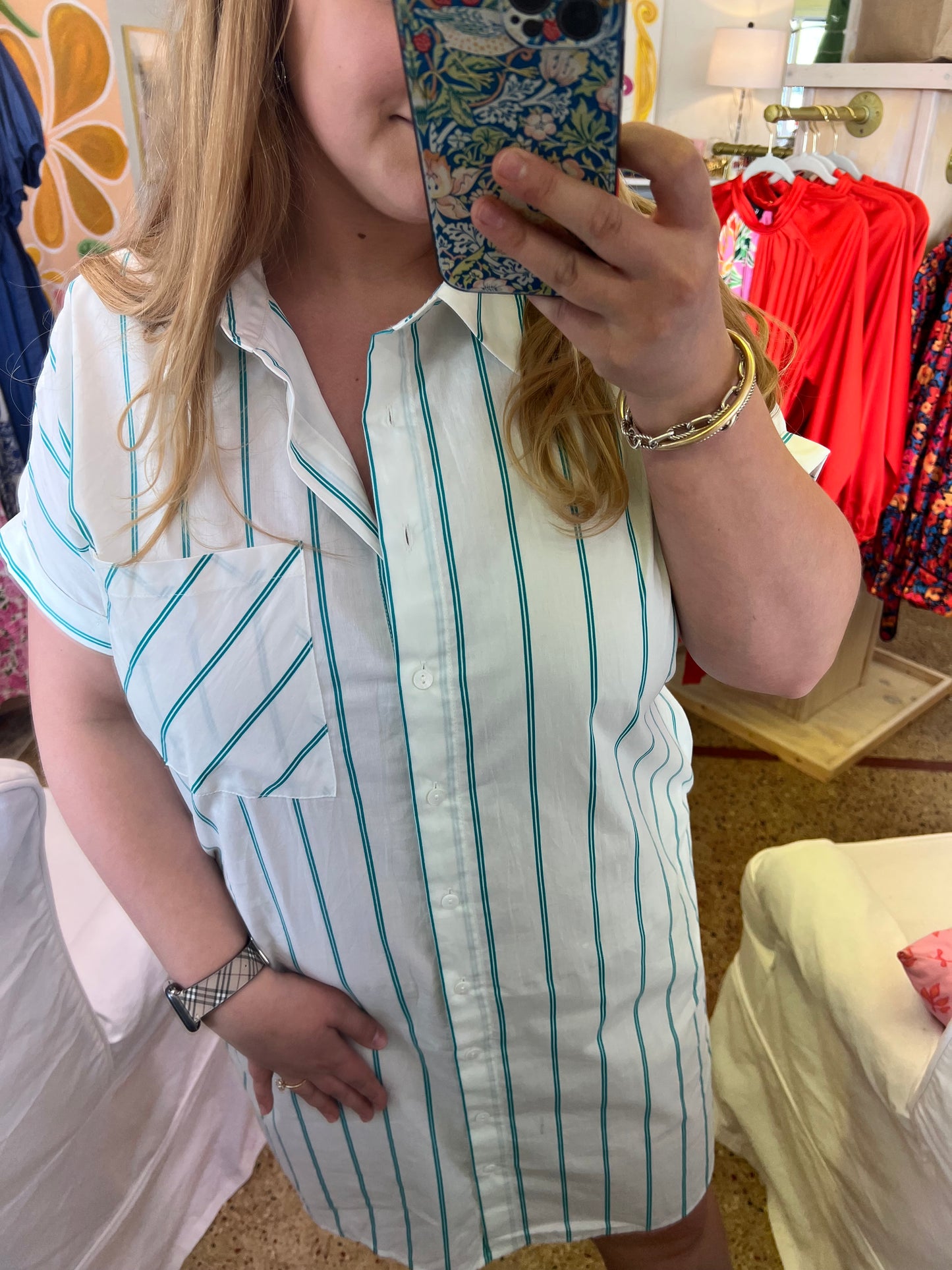 Green Stripe Mini Shirt Dress