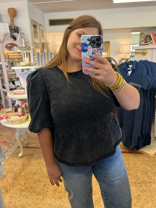 Stretch Denim Peplum Blouse