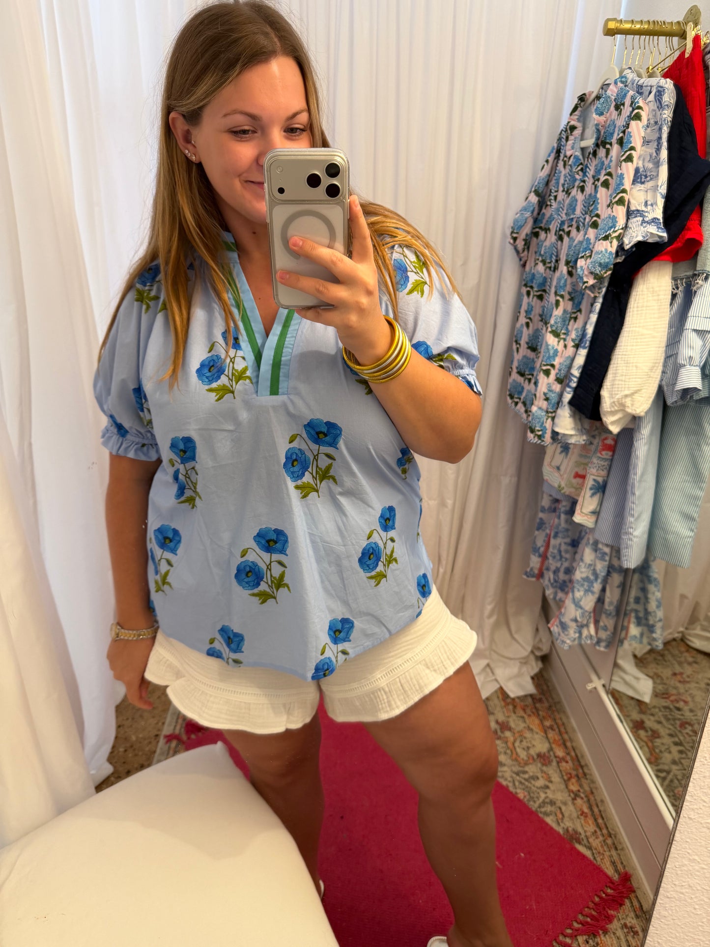 Blue Floral Puff Sleeve Blouse