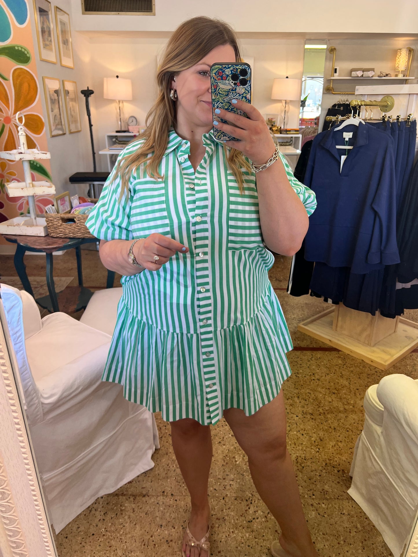 Stripe Button Down Mini Dress-Green