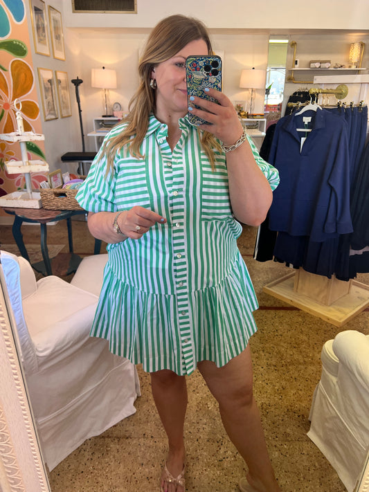 Stripe Button Down Mini Dress-Green