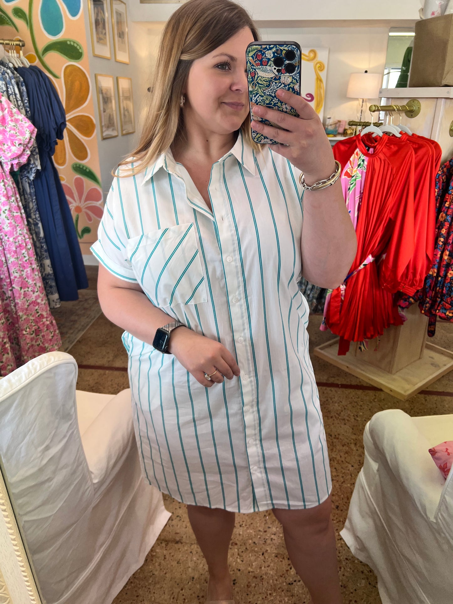 Green Stripe Mini Shirt Dress