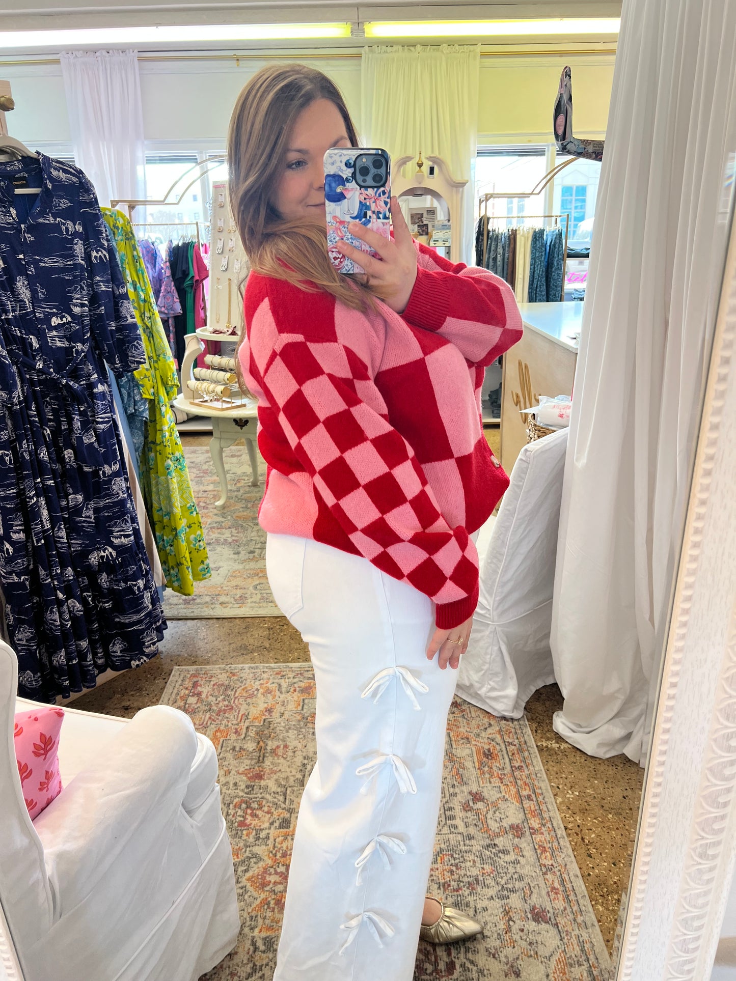 Checkerboard V-Neck Cardigan