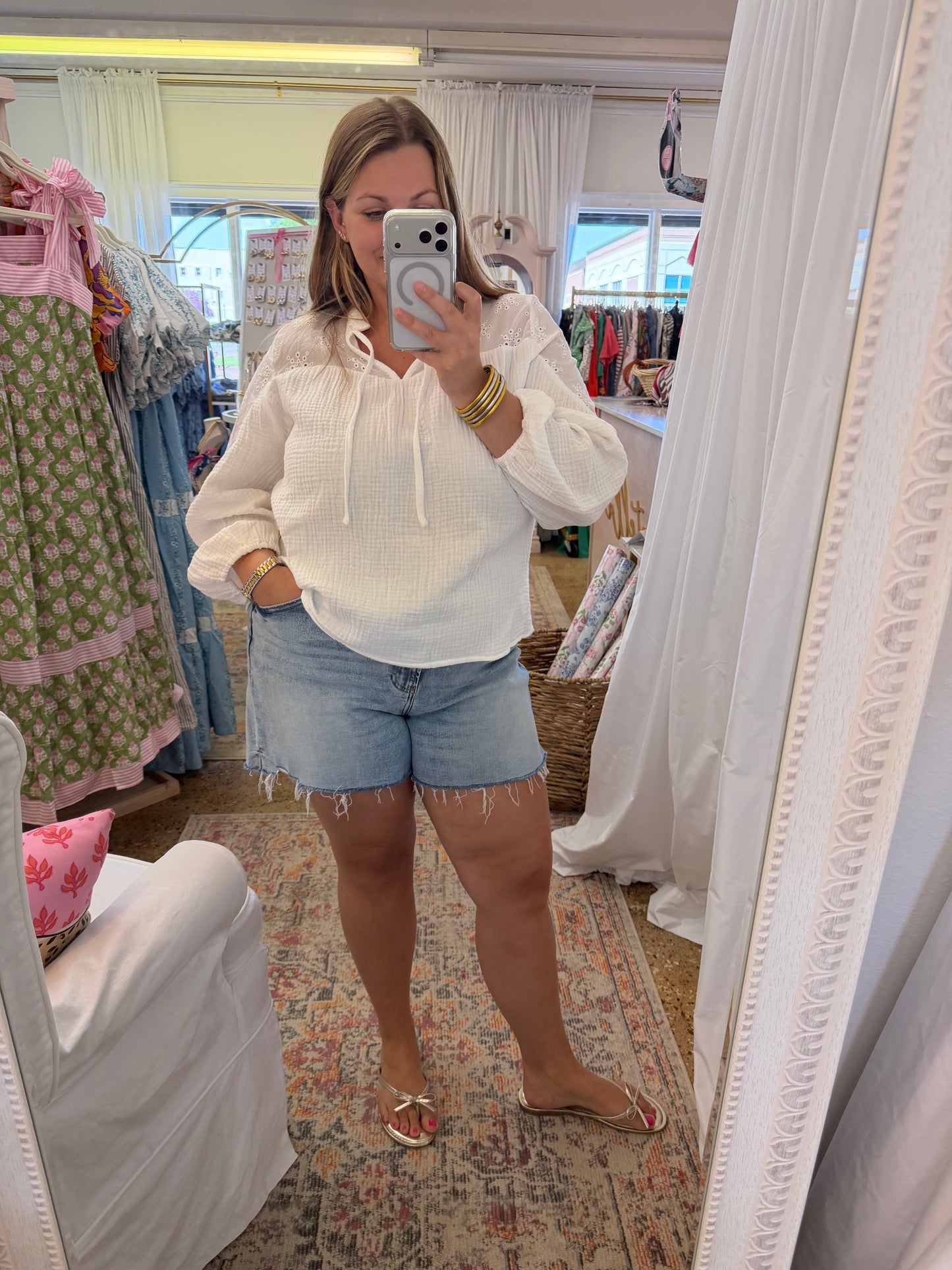 Eyelet Contrast Gauze Blouse
