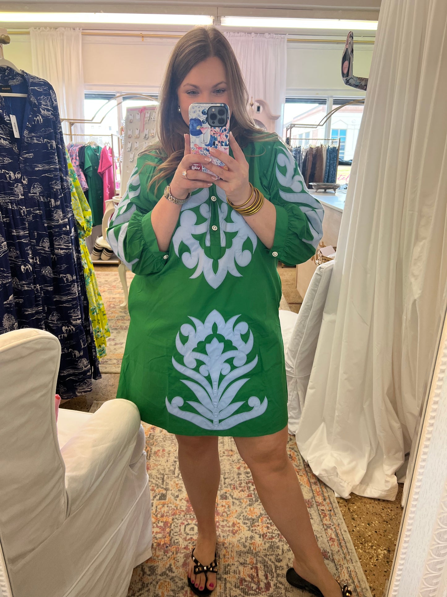 Baroque Floral Applique Dress-Kelly Green