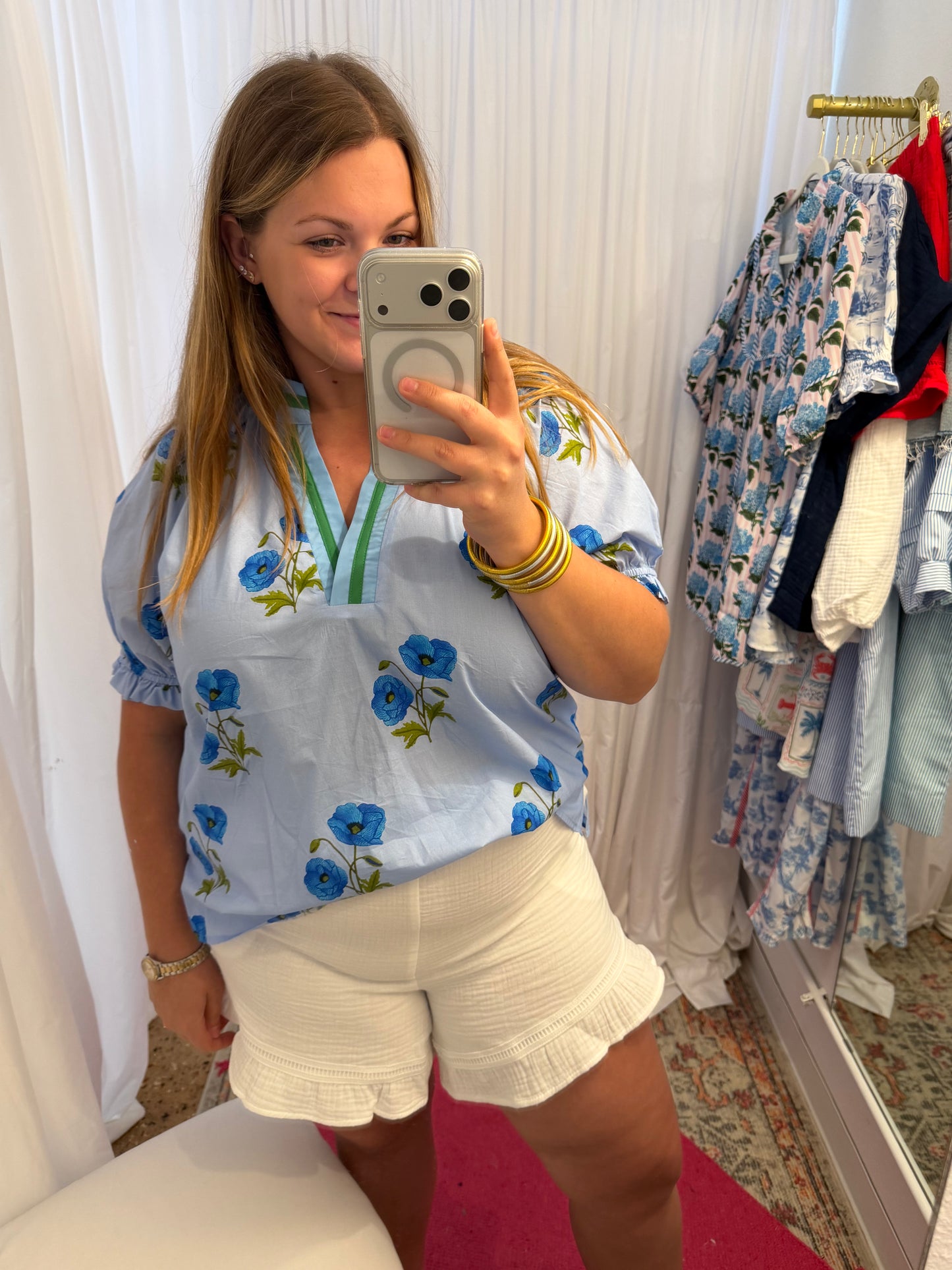 Blue Floral Puff Sleeve Blouse