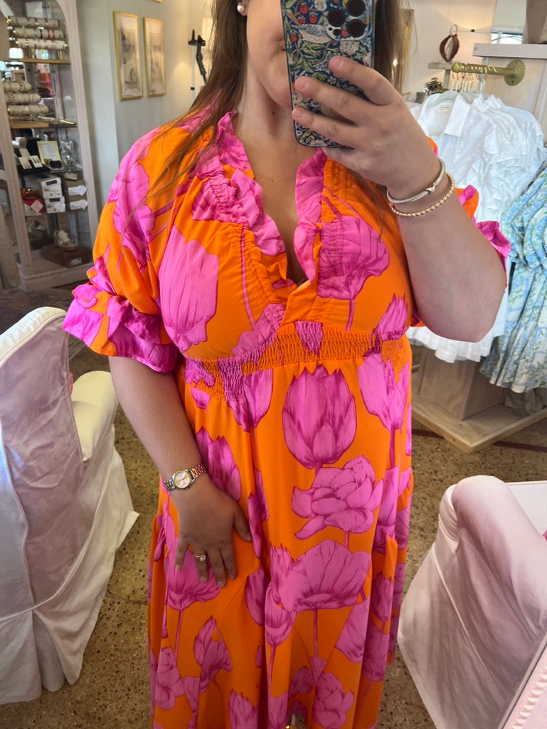 M-Pink & Orange Ruffle Maxi Dress
