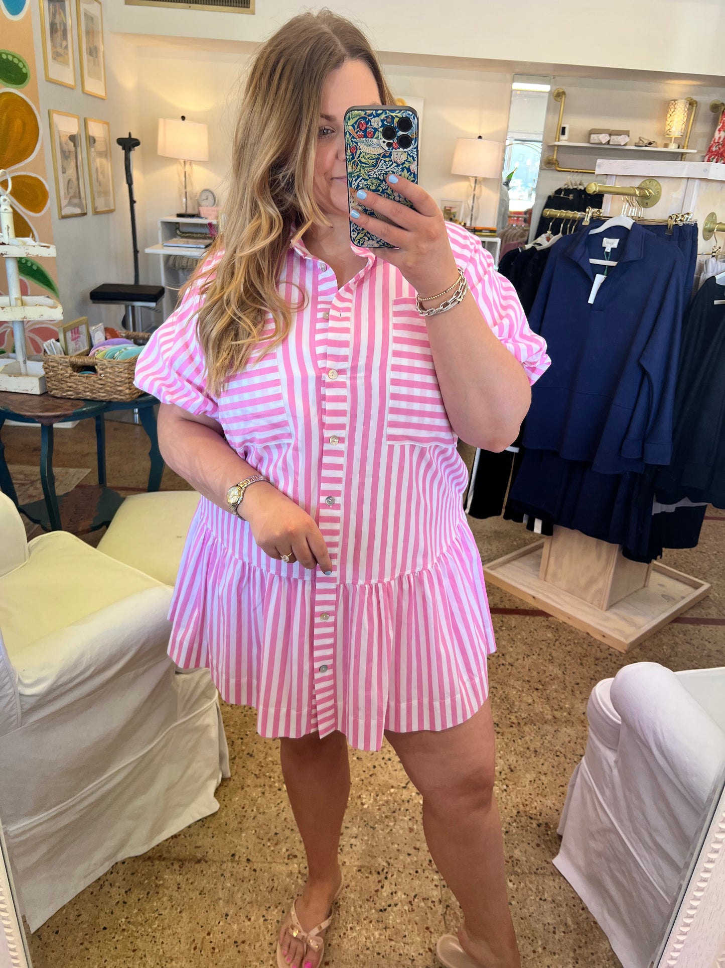 Stripe Button Down Mini Dress-Pink