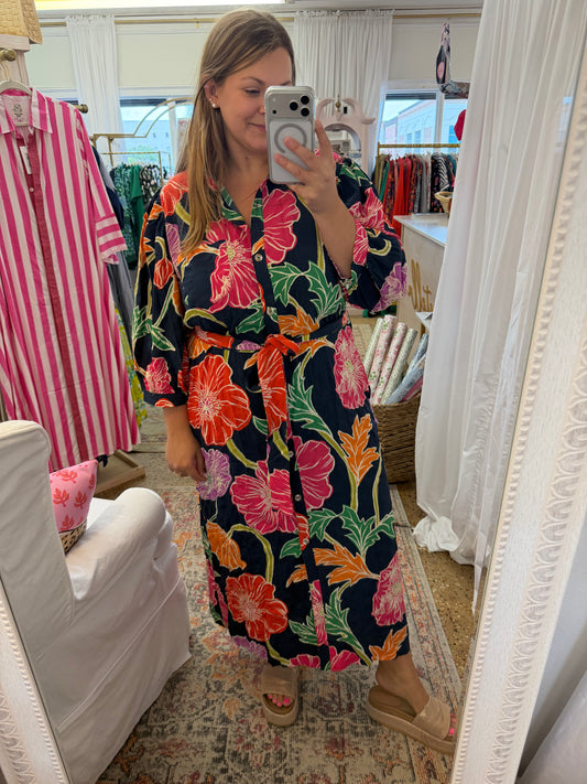 Navy Floral Button Midi Dress