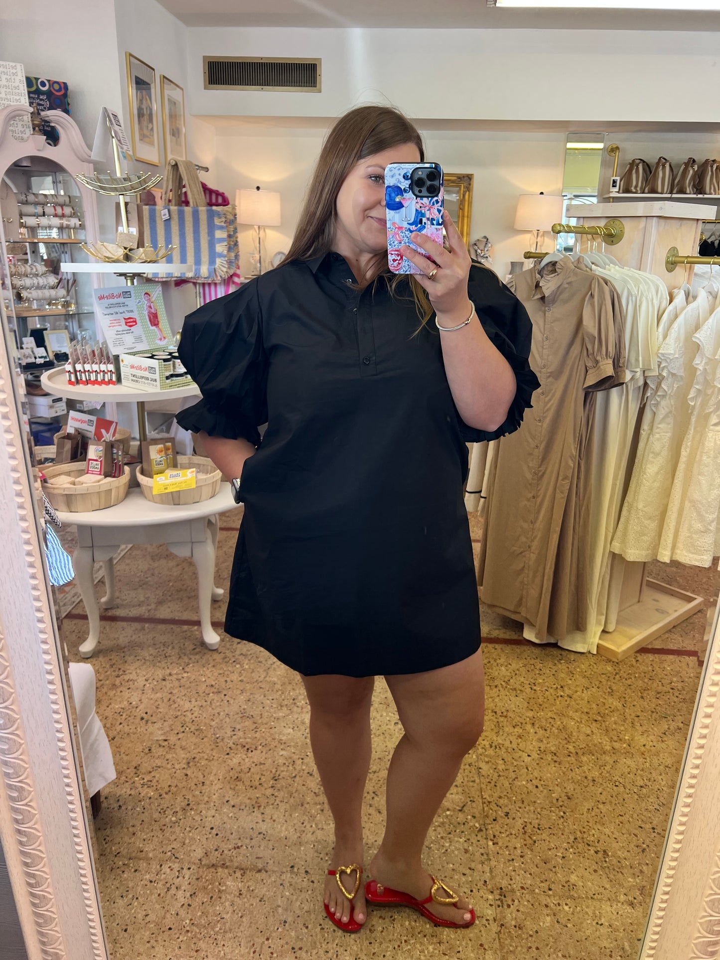 Black Poplin Pleated Sleeve Shirt Dress
