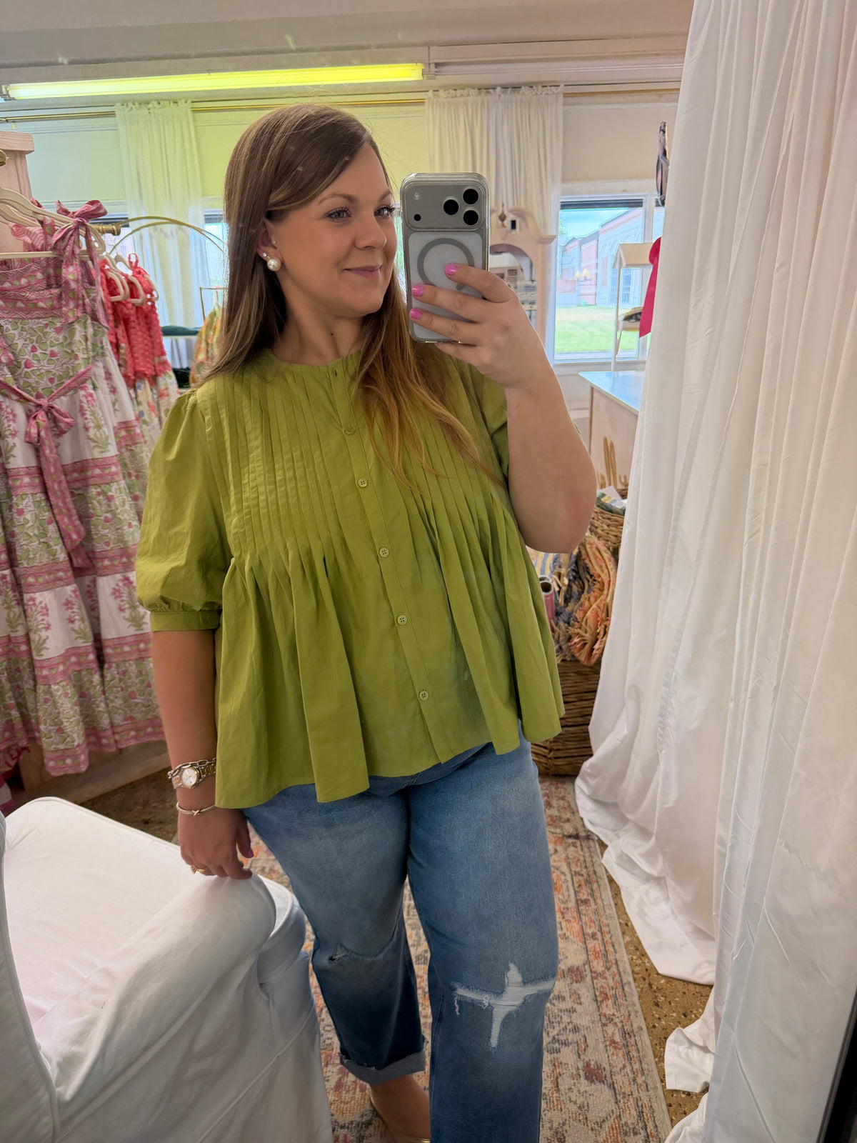 Cotton Pin-Tuck Olive Blouse