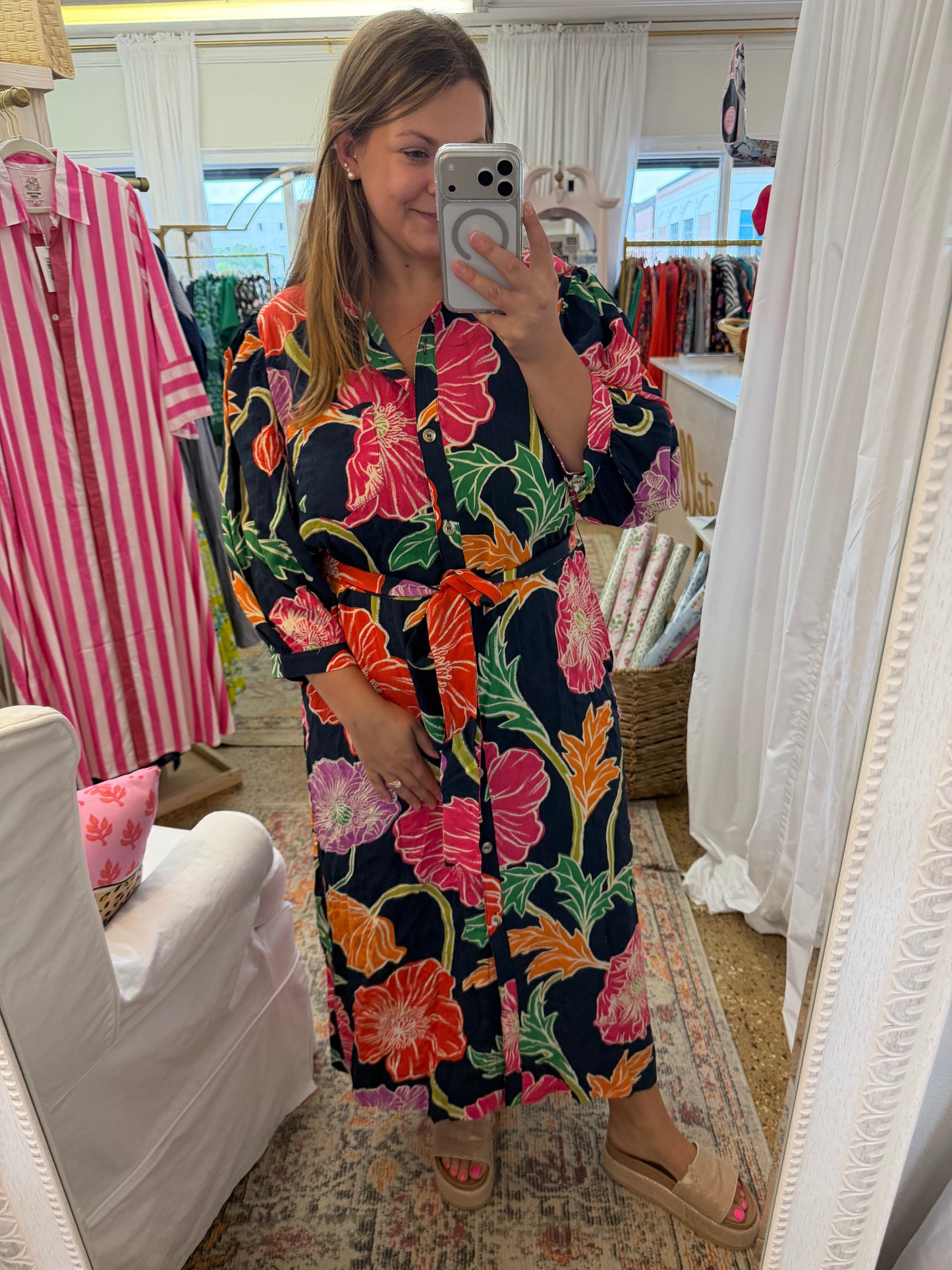 Navy Floral Button Midi Dress